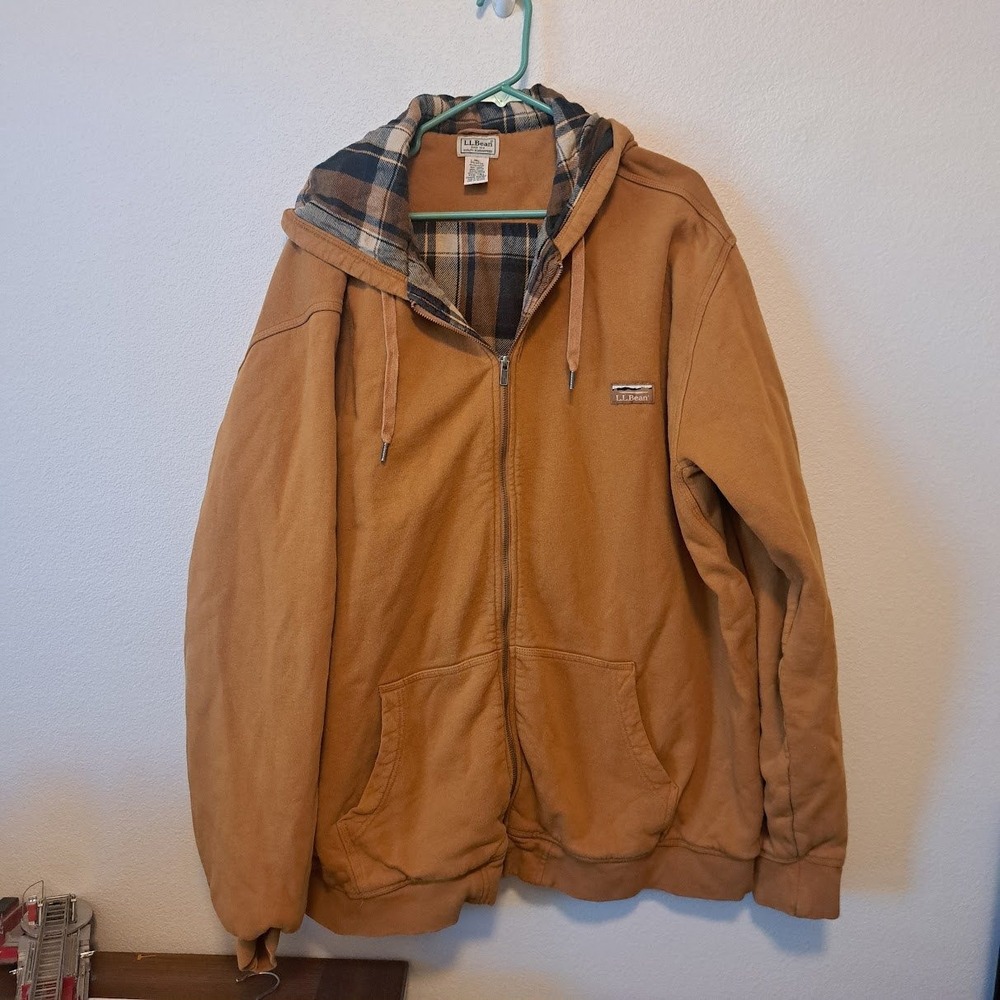 LL Bean Mens XXXL Tall Brown Plaid Flannel Lined Full Zip Hoodie Jacket 512362